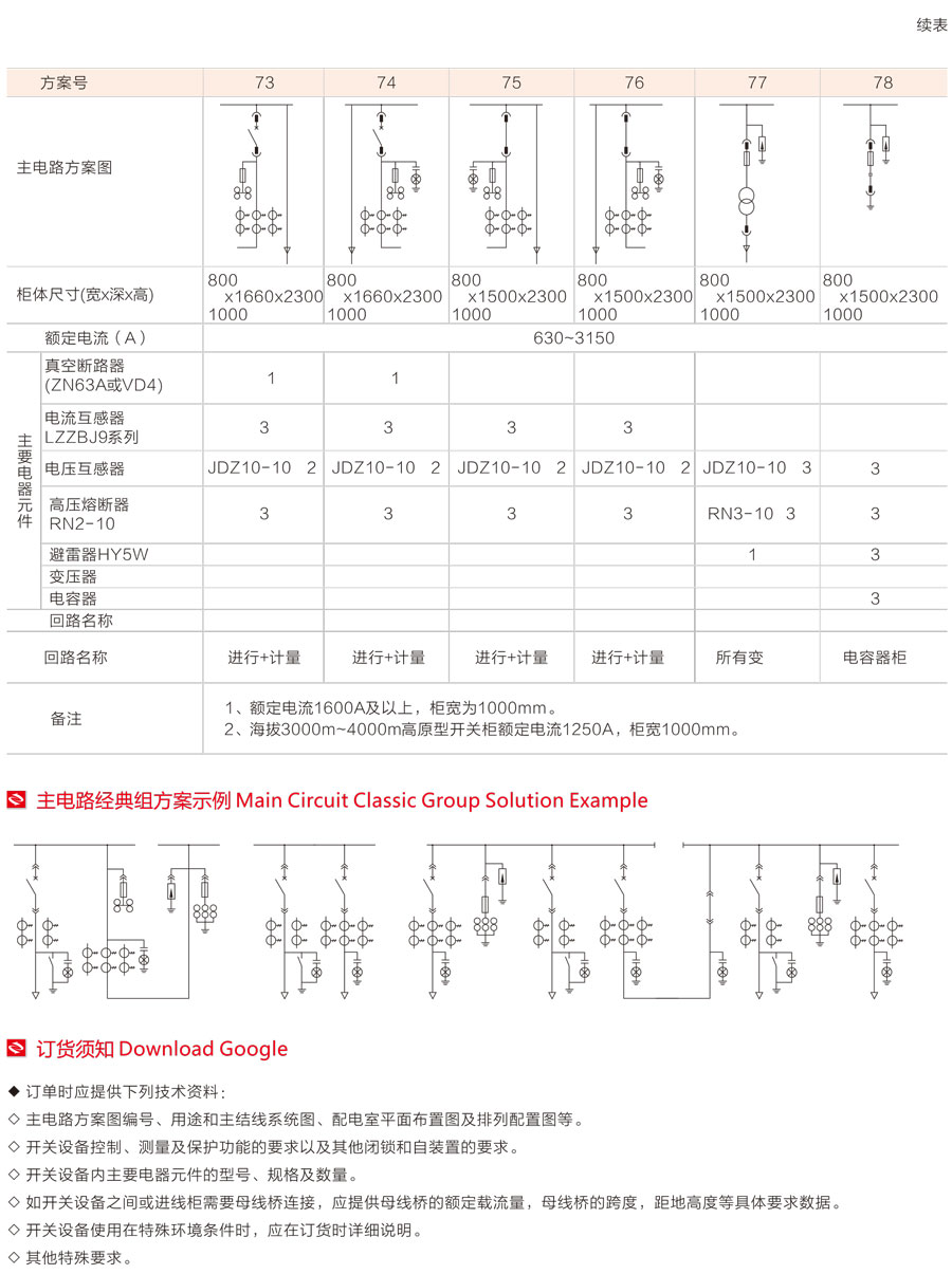 KYN28-12铠装移开式交流金属封闭开关设备主电路经典组方案示例